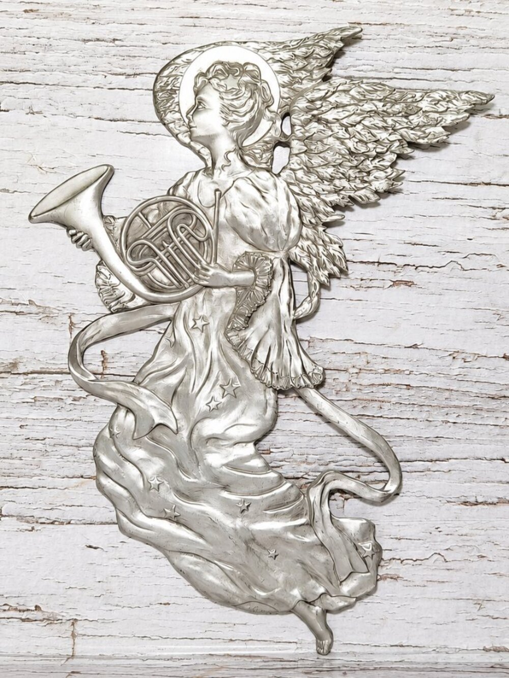 Large Heavy Seagull Pewter Angel Playing French Horn Wall Plaque 1991 Canada
